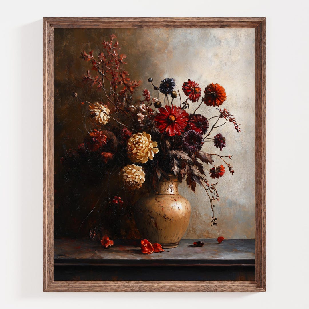 Autumn Floral Art Print, Vintage Still Life Wall Decor, Rustic Flower ...