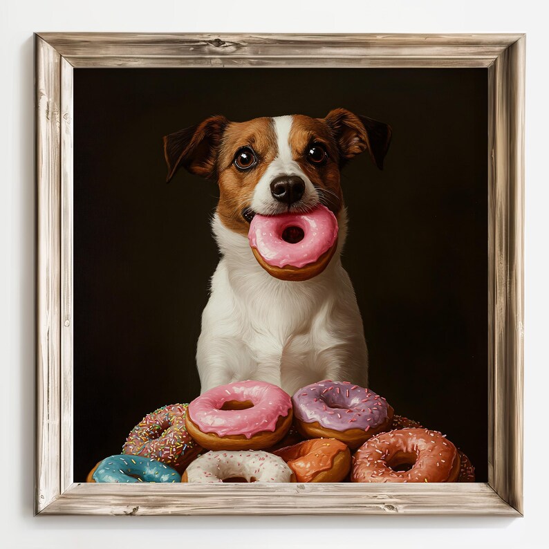 Funny Dog With Donut, Jack Russell Terrier Print, Cute Dog Wall Art, Donut Lover Print Dog Kitchen Decor, Pet Portrait, Colorful Donuts Art image 9