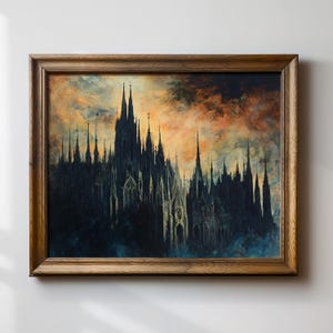 Gothic Cathedral Art Print, Dark Architecture Wall Art, Dramatic Sunset Decor, Spooky Gothic Decor, Gothic Church Painting, Moody Wall Art image 2