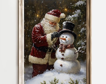 Santa and Snowman Painting, Christmas Wall Art, Holiday Decor, Winter Wonderland Artwork, Santa Claus Art Print, Festive Home Decor