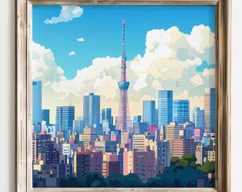 Tokyo City Skyline Print, Skytree Anime Style Wall Art, Colorful