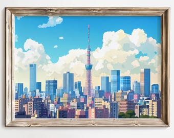 Tokyo City Skyline Print, Skytree Anime Style Wall Art, Colorful