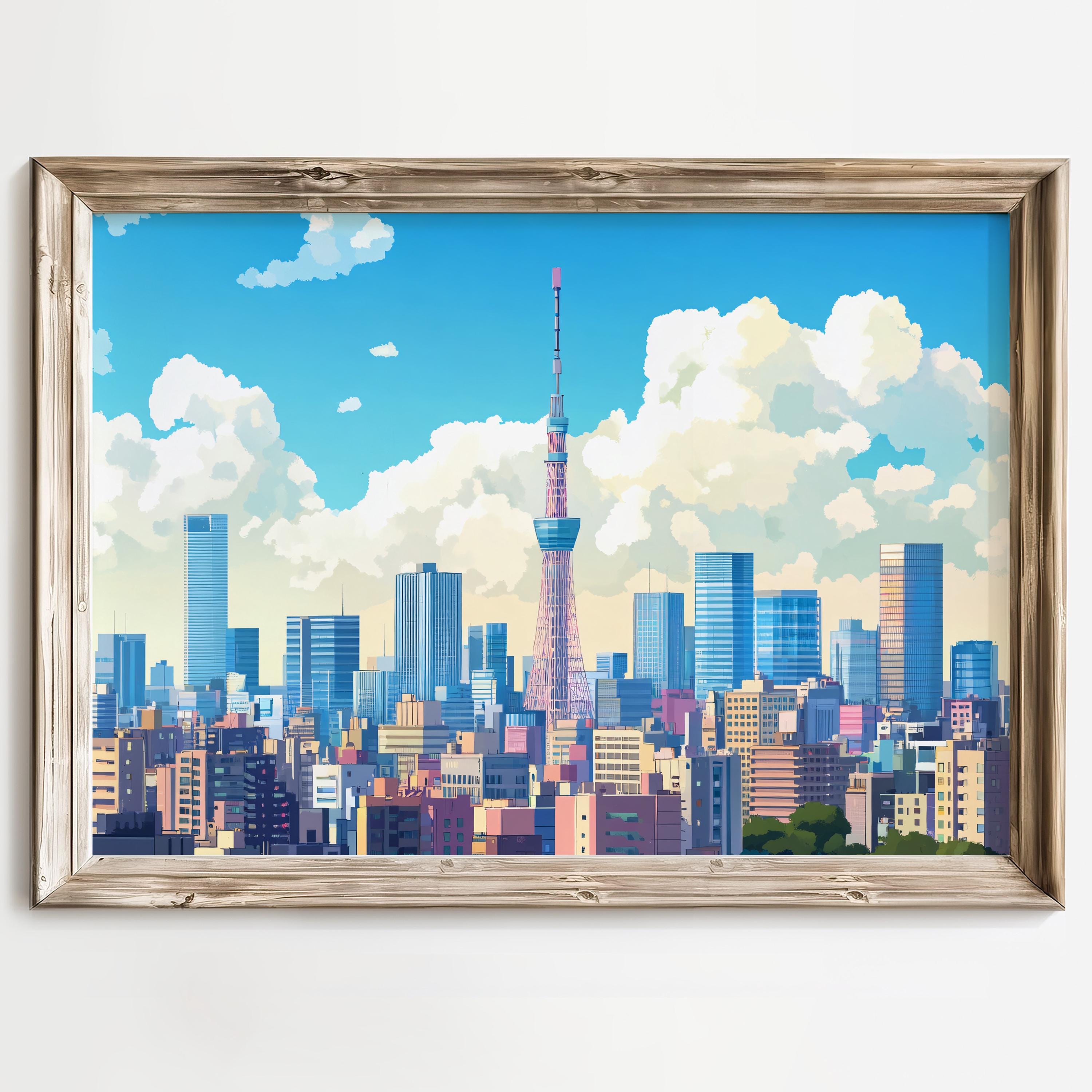 Tokyo City Skyline Print, Skytree Anime Style Wall Art, Colorful