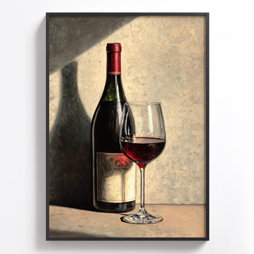 Red Wine Still Life Painting, Elegant Wine Bottle and Glass Art ...