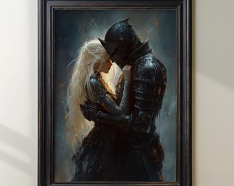 Dark Fantasy Art Print, Knight And Maiden Embrace, Medieval Romance Wall Art, Gothic Love Poster, Warrior Couple Painting, Fairytale Artwork
