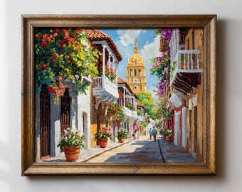 Cartagena Colombia Artwork, Colonial Street Scene Print, Vibrant Travel Wall Art, Colorful Cityscape Decor, Tropical Balcony Painting, Gift