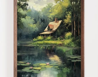 Rustic Cottage Art, Nature Landscape Print, Water Lily Pond Artwork, Tranquil Lake House Decor, Forest Home Wall Art, Serene Cottage Scene