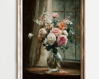 May include: A framed floral still life painting. A clear glass vase holds a bouquet of roses and other flowers in shades of pink, white, and peach. The painting is set against a window and curtain background, with a wooden frame.