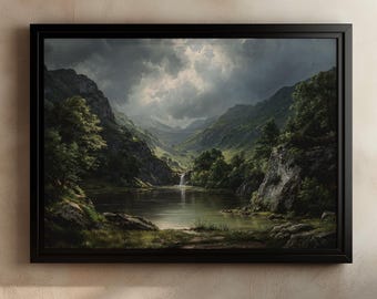 Mountain Valley Landscape Wall Art Print, Dramatic Nature Scenery Painting, Waterfall Lake Forest Artwork, Rustic Cabin Lodge Decor