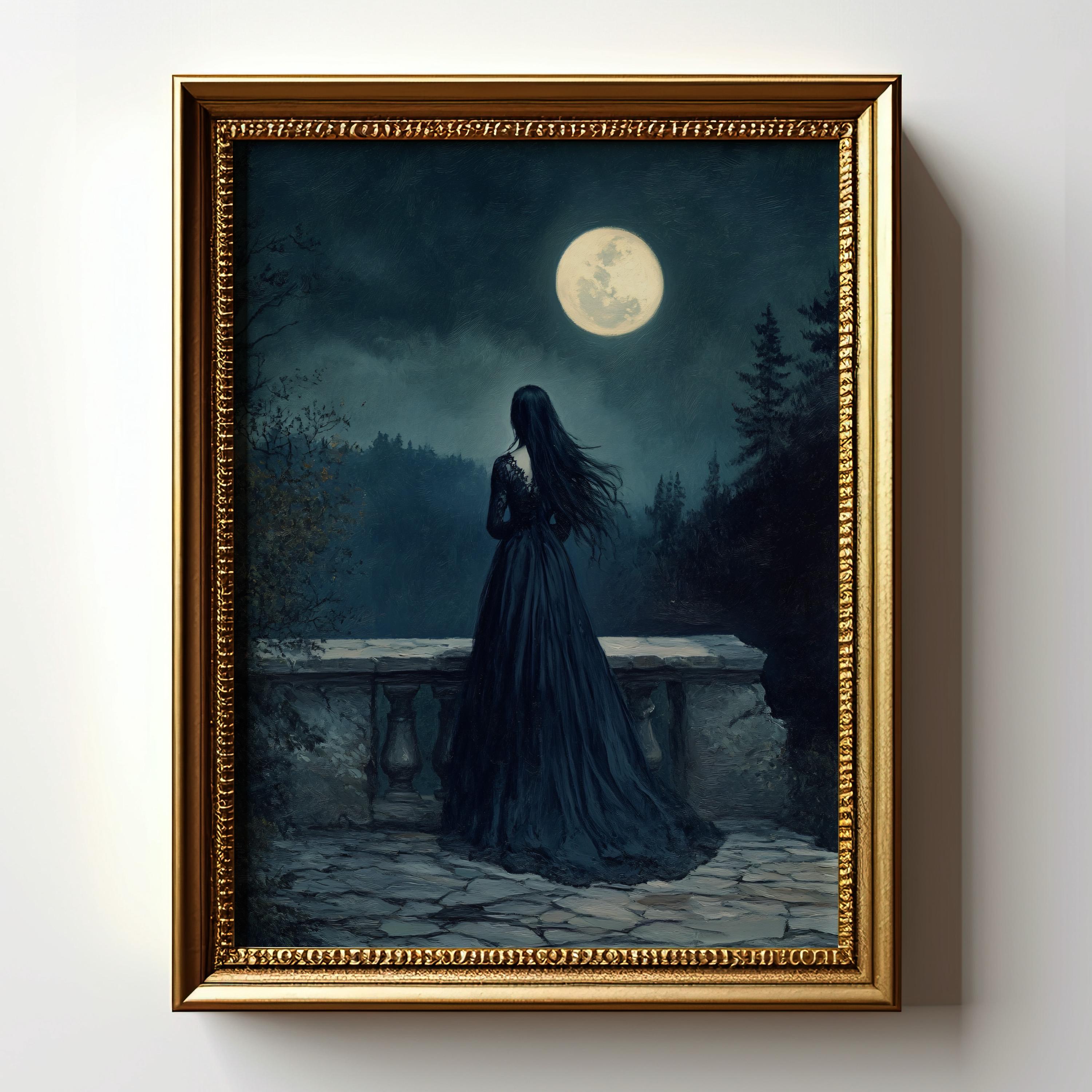Gothic Moonlight Art Print, Dark Romantic Wall Decor, Woman in