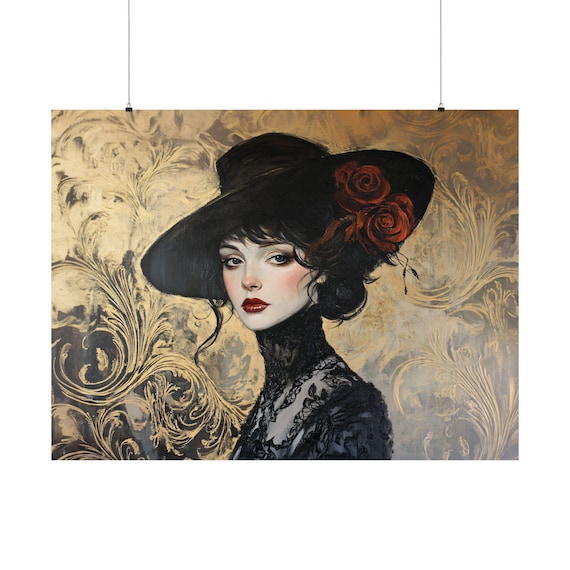 Victorian Woman Wall Art, Gothic Lady Portrait, Vintage Hat Girl