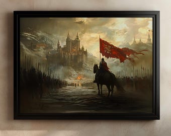 Epic Fantasy Battle Painting, Medieval Battle Wall Art, Fantasy Knight Print, Castle Artwork, Dark Fantasy Decor, Heroic Knight Painting