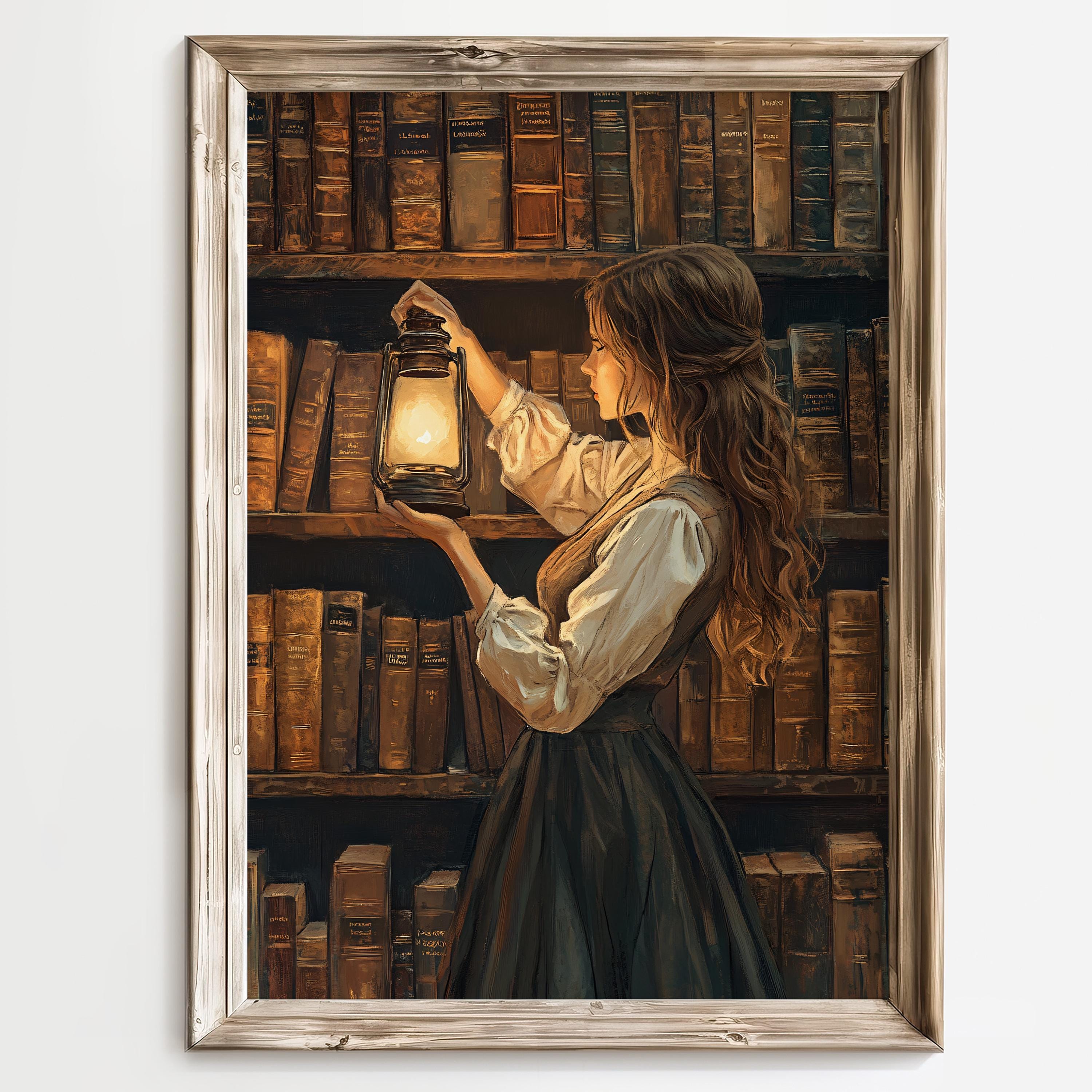 Vintage Library Lantern Art Print, Dark Academia Aesthetic, Book Lover ...