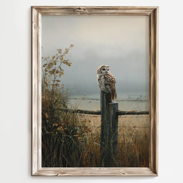 Owl On Fence Post Wildlife Wall Art Print, Rustic Countryside Bird Painting, Woodland Nature Decor, Farm Field Landscape Artwork