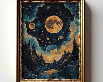 Celestial Moon Landscape Print, Surreal Night Sky Art, Fantasy Galaxy Wall Decor, Cosmic Mountains Poster, Dreamy Space Home Aesthetic