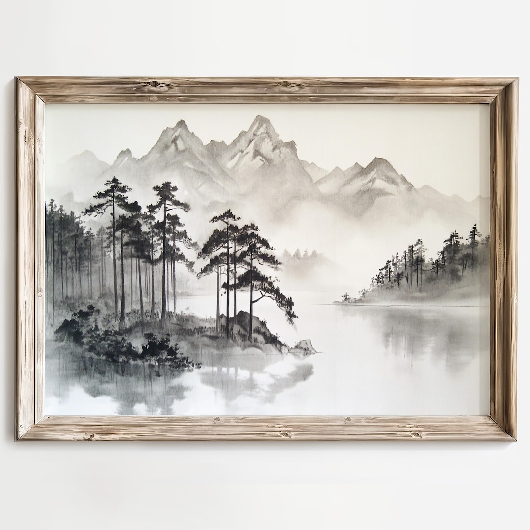 Sumi-e Mountain Scene, Black and White Wall Decor, Japanese Ink