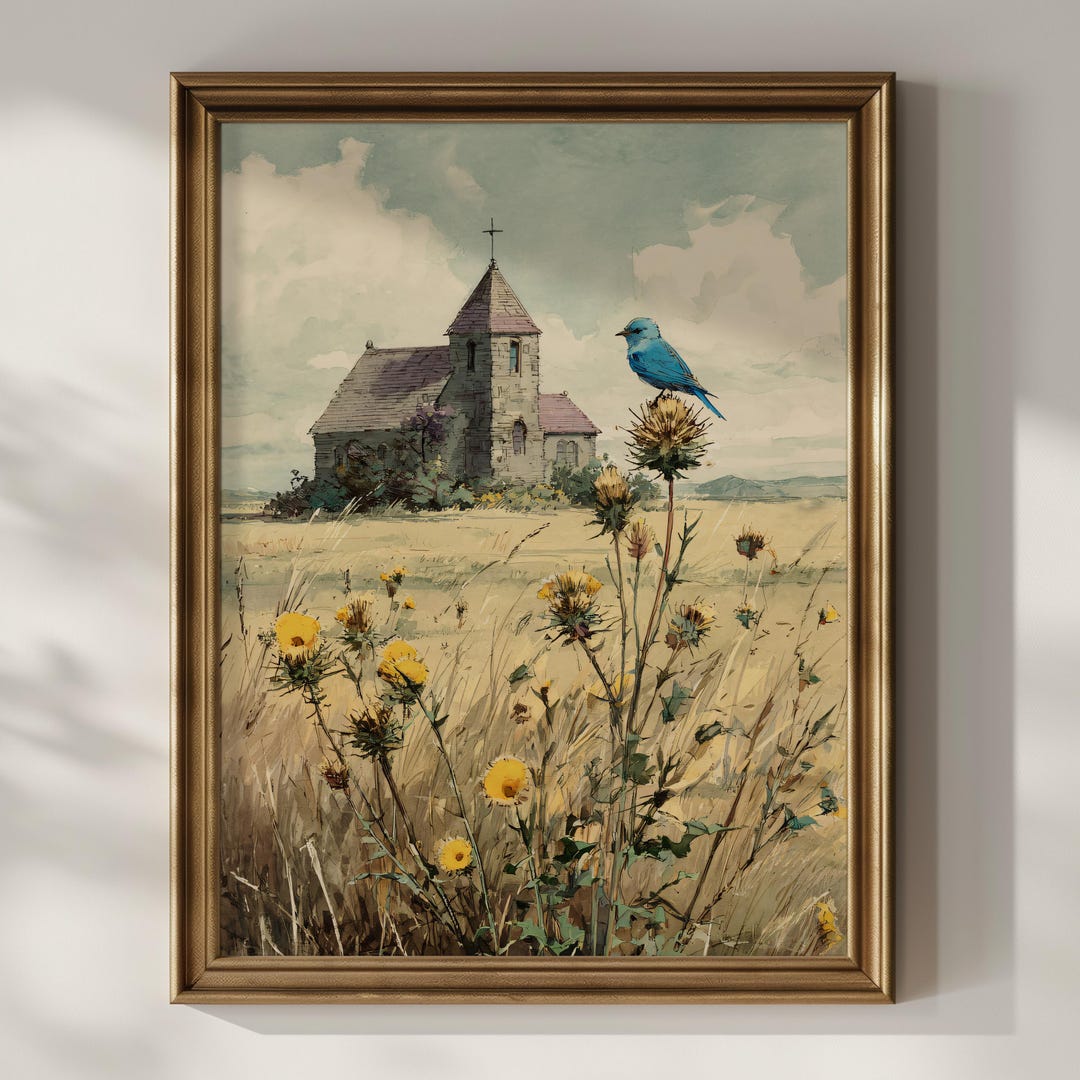 Blue Bird in Wildflower Field Near Stone Chapel Illustration, Peaceful ...