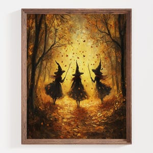 Autumn Witch Wall Art, Witches in the Forest, Halloween Decor, Samhain Witch Print, Gothic Aesthetic, Fall Magic, Mystical Witch Painting