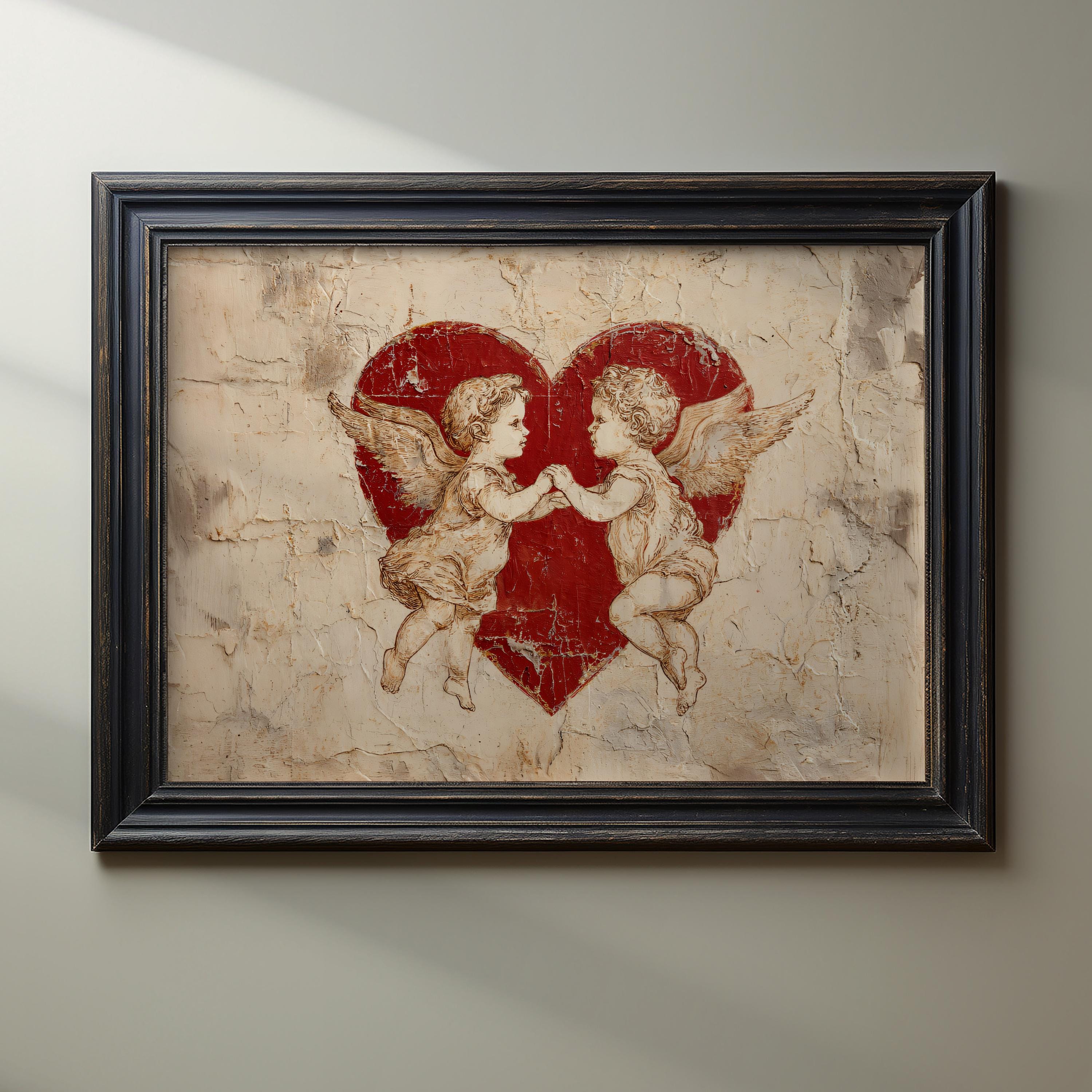 Antique Style Valentine Decor, Cherub Angel Heart Wall Print, Vintage ...