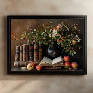 Vintage Book Decor, Autumn Still Life Art, Antique Books, Apples and Flowers, Rustic Home Decor, Classic Literature, Fall Nature Art Print image 6