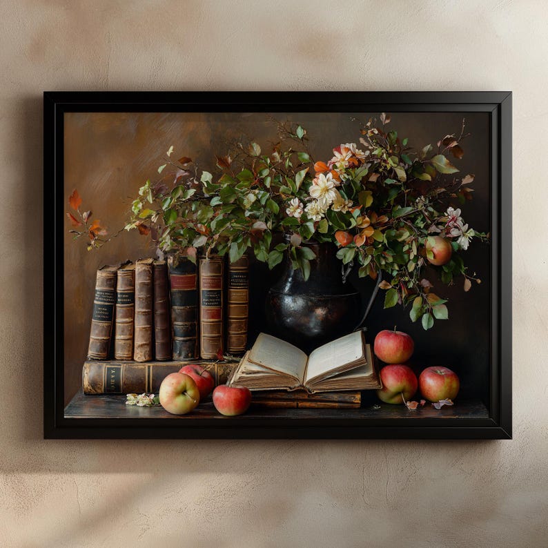 Vintage Book Decor, Autumn Still Life Art, Antique Books, Apples and Flowers, Rustic Home Decor, Classic Literature, Fall Nature Art Print image 6