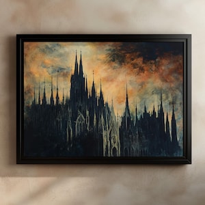 Gothic Cathedral Art Print, Dark Architecture Wall Art, Dramatic Sunset Decor, Spooky Gothic Decor, Gothic Church Painting, Moody Wall Art