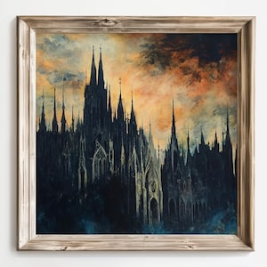 Gothic Cathedral Art Print, Dark Architecture Wall Art, Dramatic Sunset Decor, Spooky Gothic Decor, Gothic Church Painting, Moody Wall Art image 8