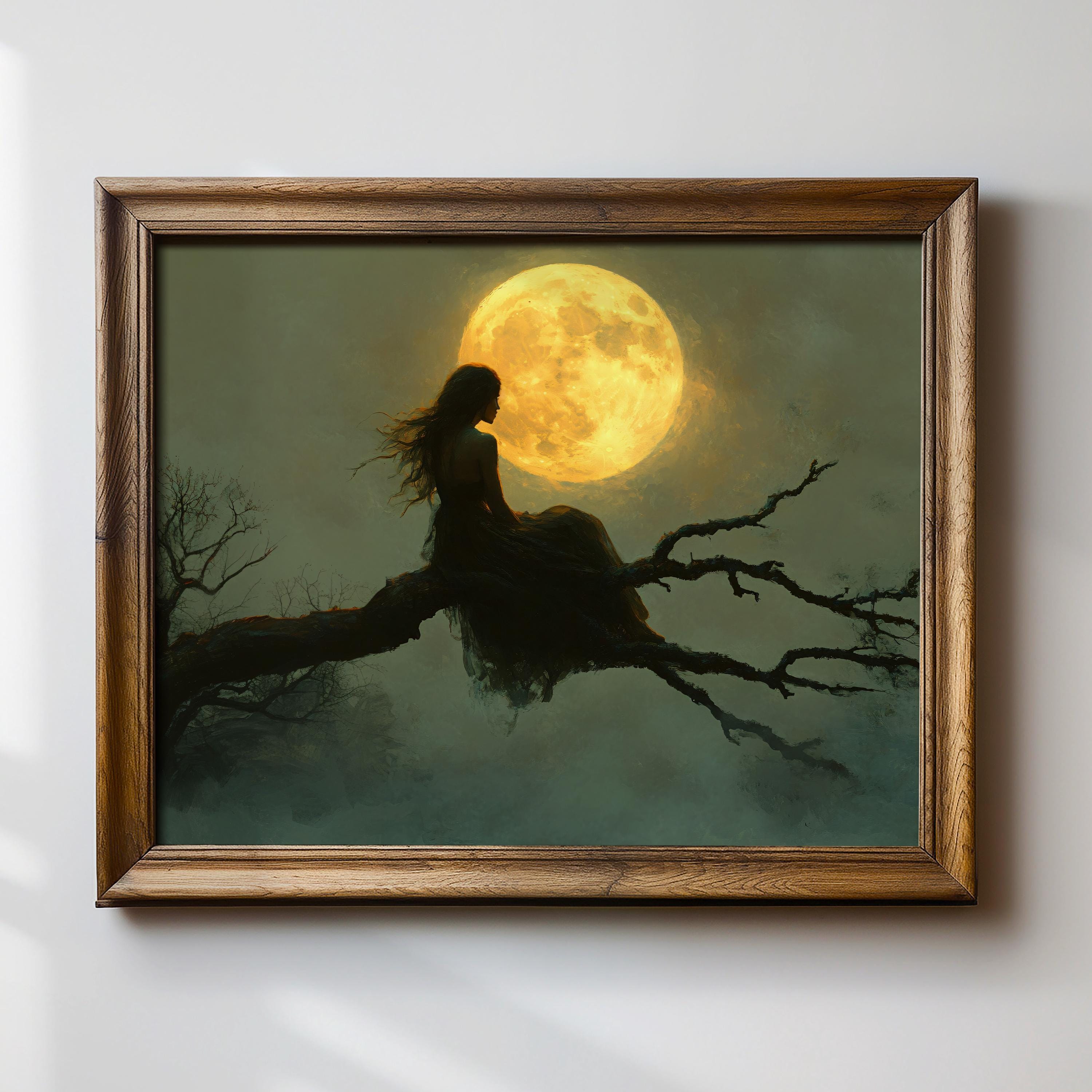 Moonlit Silhouette Wall Art, Mystical Night Artwork, Full Moon