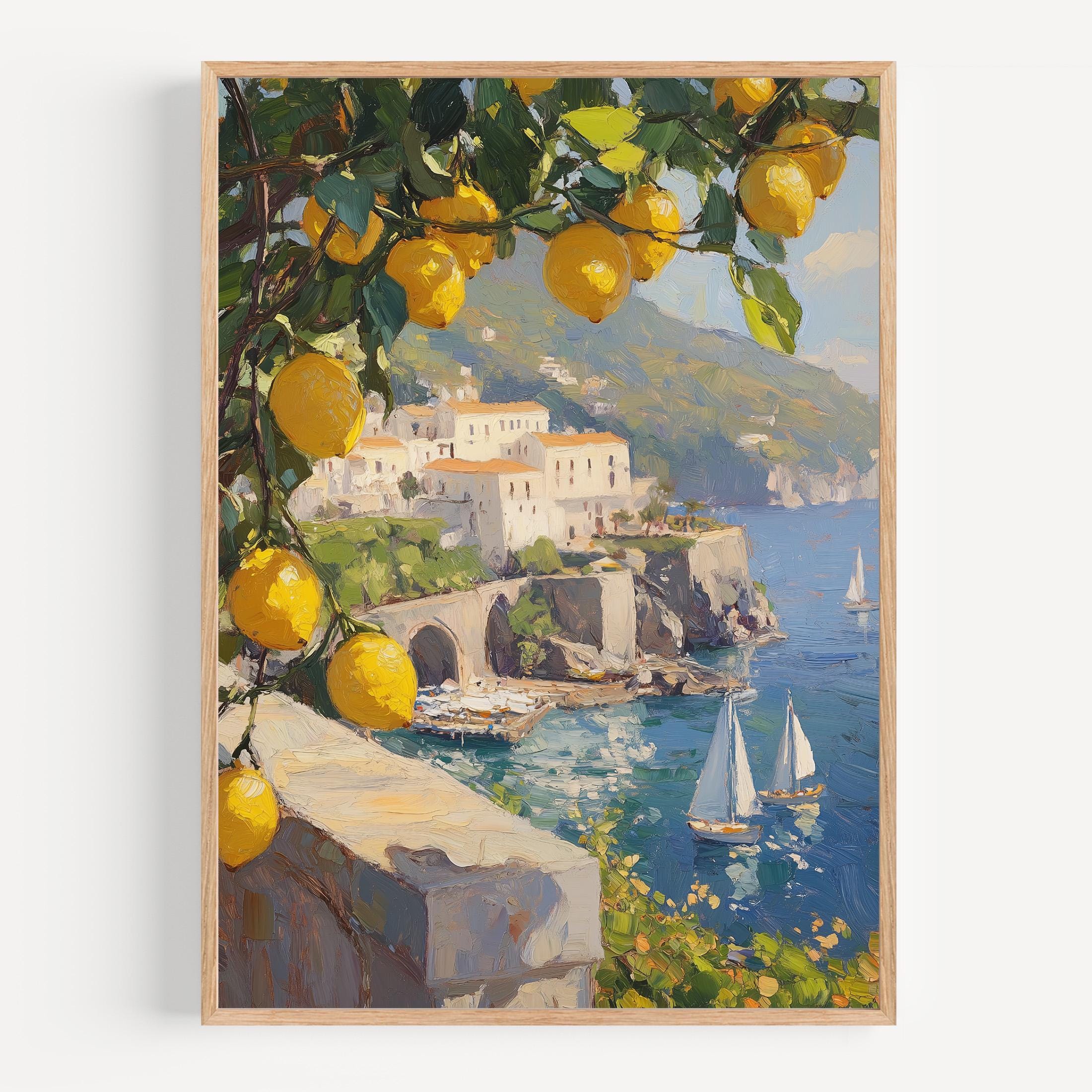 Italy Coastline Wall Art, Amalfi Coast Print, Lemons and Sea