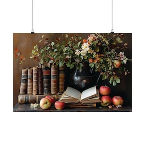 Vintage Book Decor, Autumn Still Life Art, Antique Books, Apples and Flowers, Rustic Home Decor, Classic Literature, Fall Nature Art Print image 8