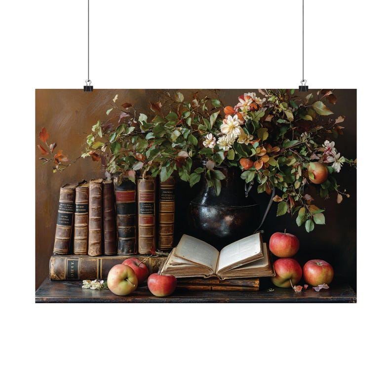 Vintage Book Decor, Autumn Still Life Art, Antique Books, Apples and Flowers, Rustic Home Decor, Classic Literature, Fall Nature Art Print image 8