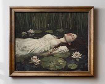 Ophelia Art Print, Romantic Woman in Water, Pre-Raphaelite Style, Dark Academia Wall Art, Tragic Beauty Painting, Water Lily Poster