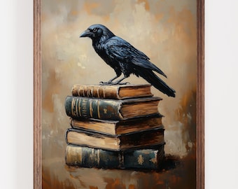 Raven on Antique Books Art Print, Gothic Wall Decor, Literary Raven Artwork, Dark Academia Aesthetic, Vintage Book Lover Gift, Crow Painting