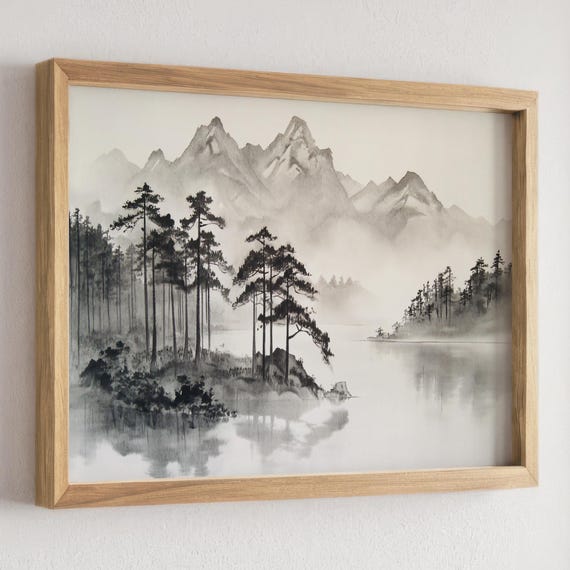 Sumi-e Mountain Scene, Black and White Wall Decor, Japanese Ink