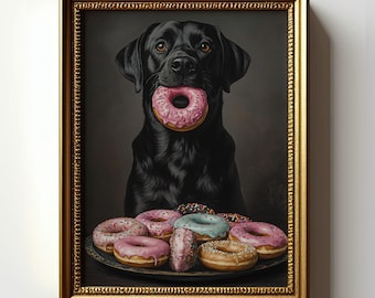 Black Labrador Dog Art Print, Funny Dog With Donuts, Pink Frosted Donut, Labrador Kitchen Decor, Dog Wall Art, Whimsical Dog Poster