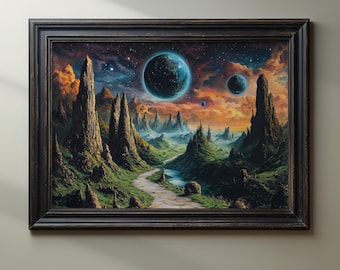 Fantasy Landscape Wall Art, Sci-Fi Planet Artwork, Surreal Space Decor, Alien World Painting, Cosmic Scenery Print, Celestial Home Decor