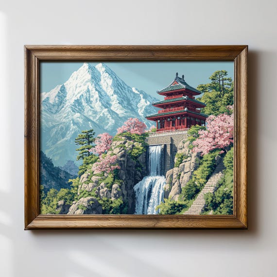 Japanese Temple Wall Art, Cherry Blossom Mountain Landscape