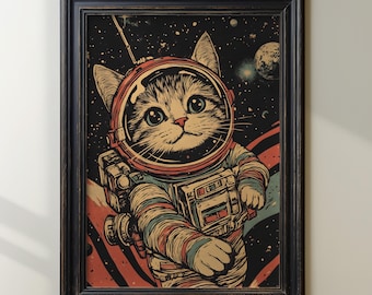 Retro Space Cat Art Print, Astronaut Kitty Poster, Vintage Sci-Fi Cat, Cosmic Feline Art, Outer Space Animal Decor, Whimsical Galaxy Art