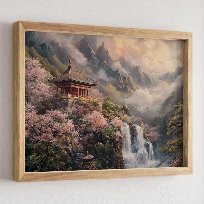 Cherry Blossom Temple Art Print, Mountain Waterfall Wall Art, Asian ...