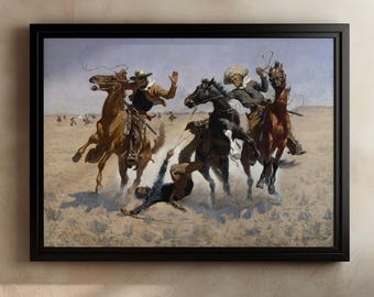 Old West Cowboy Action Print, Frederic Remington Art, Wild West Rodeo, Vintage Western Decor, Horseback Lasso Painting, Cowboy Wall Art
