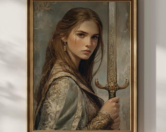 Warrior Princess Art Print, Fantasy Woman with Sword, Medieval Wall Art, Feminine Strength Artwork, Renaissance Portrait, Heroic Decor