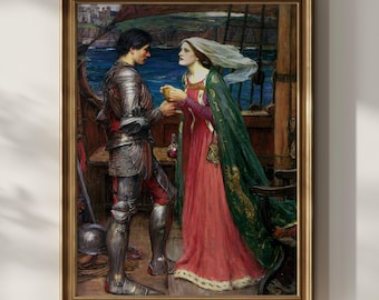 May include: A painting of a man and a woman in a medieval setting. The man is wearing armor and holding a cup. The woman is wearing a long red dress and a green cloak. They are standing on a ship's deck.