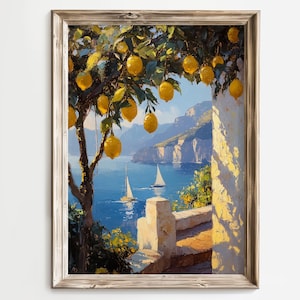 Lemon Tree Coastal Art Print, Amalfi Coast Painting, Mediterranean Landscape Poster, Italian Seaside Wall Decor, Sailboats and Sunshine