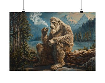 bigfoot smoking a cigarette Wall Art, Sasquatch Lake Matte Print, Mythical Creature Decor, Rustic Bigfoot Painting, Gift for Cryptid Lovers Bigfoot Smoking Blunt Merch &