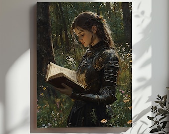 Warrior Woman Reading Canvas, Fantasy Knight Wall Art, Medieval Forest Print, Book Lover Decor, Matte Canvas, Feminine Strength Artwork