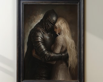 Knight And Maiden Art Print, Romantic Dark Fantasy Wall Art, Medieval Couple Painting, Gothic Fairytale, Warrior Love Decor, Chivalry Art