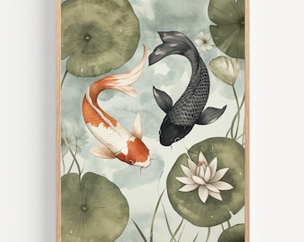 Koi Fish Art, Watercolor Koi Painting, Lotus Flower Art, Fish and Lily Pad Art, Colorful Fish Artwork, Japanese Art, Gift For Mindfulness