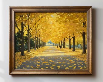 Golden Autumn Path Art Print, Yellow Foliage Artwork, Nature-Inspired Wall Decor, Fall Landscape Painting, Scenic Park Print, Gift Idea