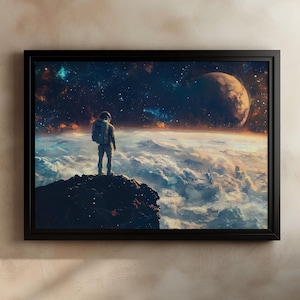 May include: An astronaut in a white spacesuit stands on a rocky cliff overlooking a vast expanse of clouds. A large, red planet is visible in the distance, surrounded by a starry sky.