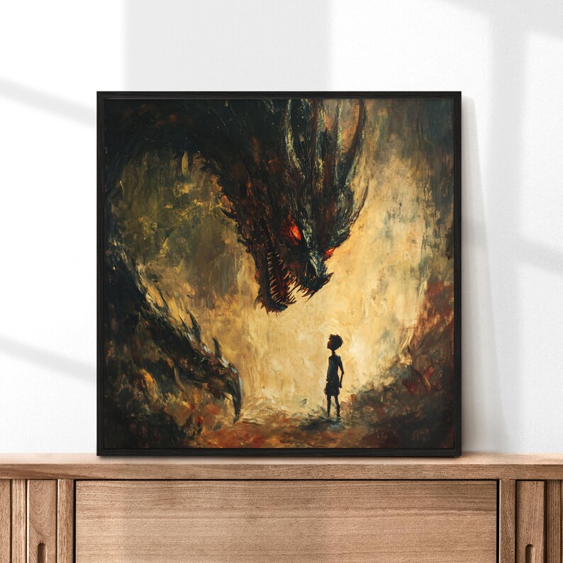 Fantasy Dragon and Boy Artwork, Dramatic Mythical Dragon Art, Epic ...